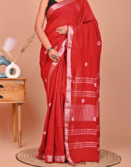 RADIANT REDPRINTEDLINEN SAREE WITH SILVER ZARI